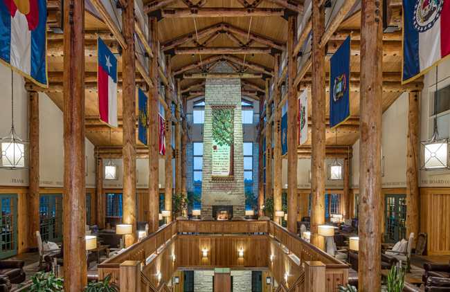 The lobby at Lied Lodge creates a memorable experience for guests.